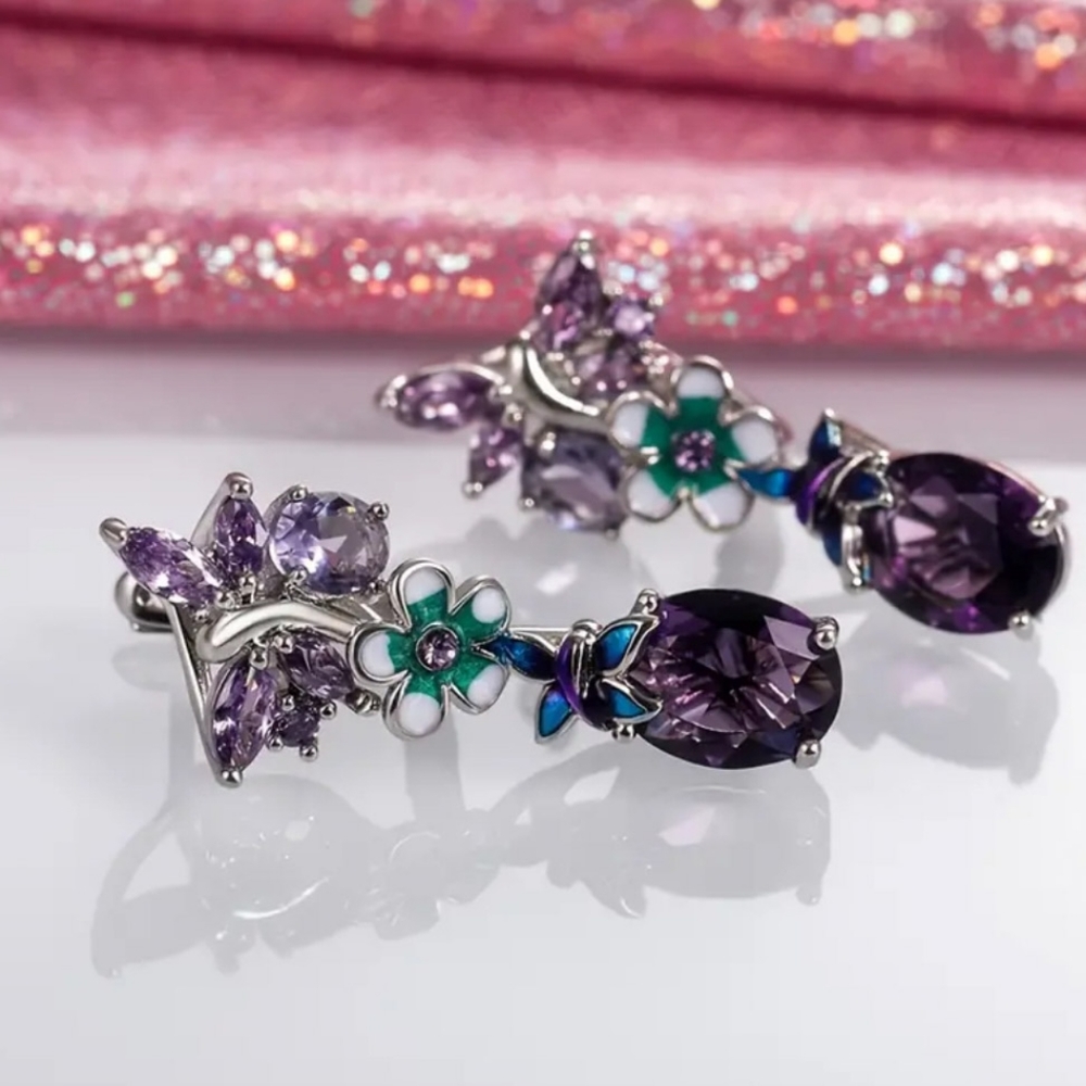 🎀925 Floral Butterfly Amathyst Earrings - Picture 3 of 9